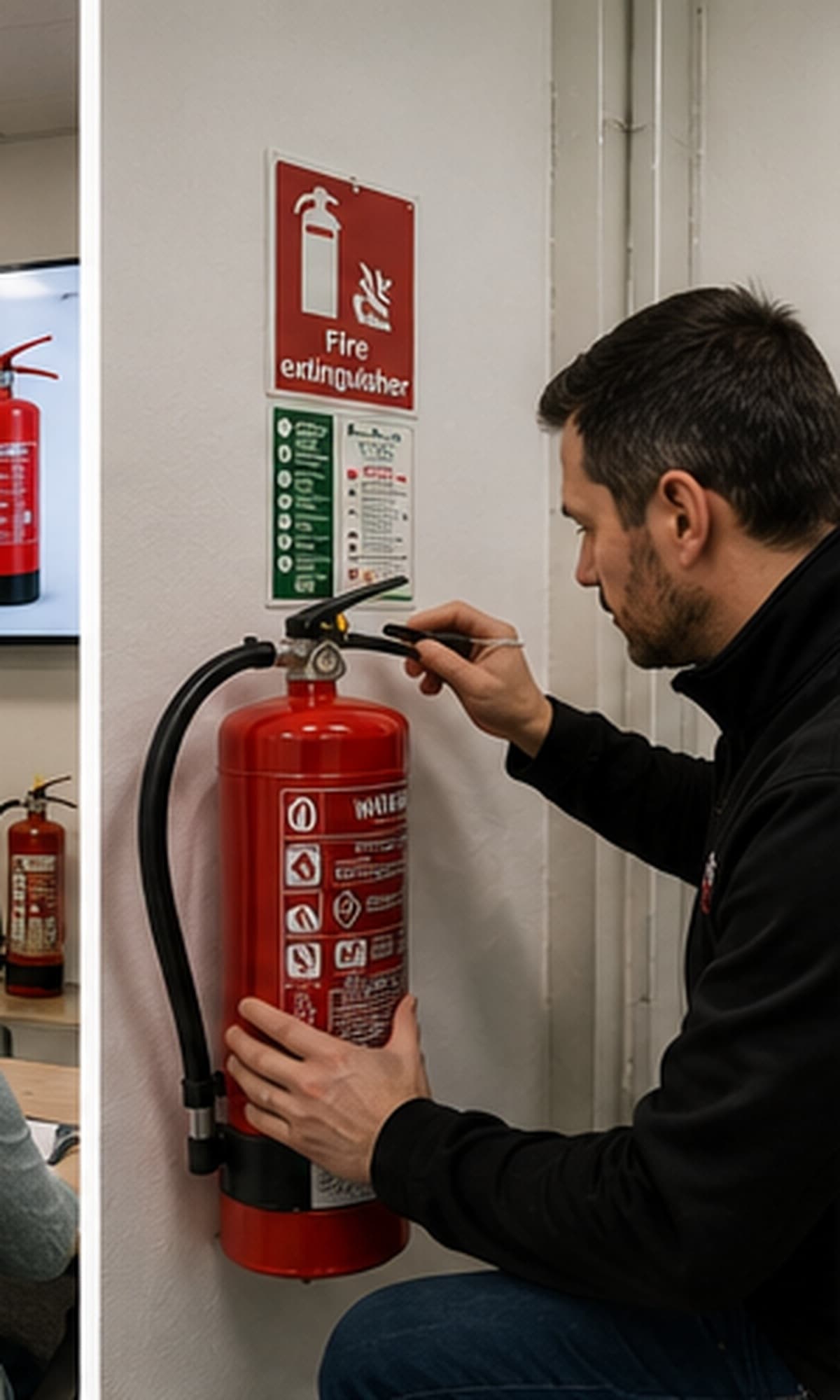 Consultant inspecting a fire extinguisher during a site assessment