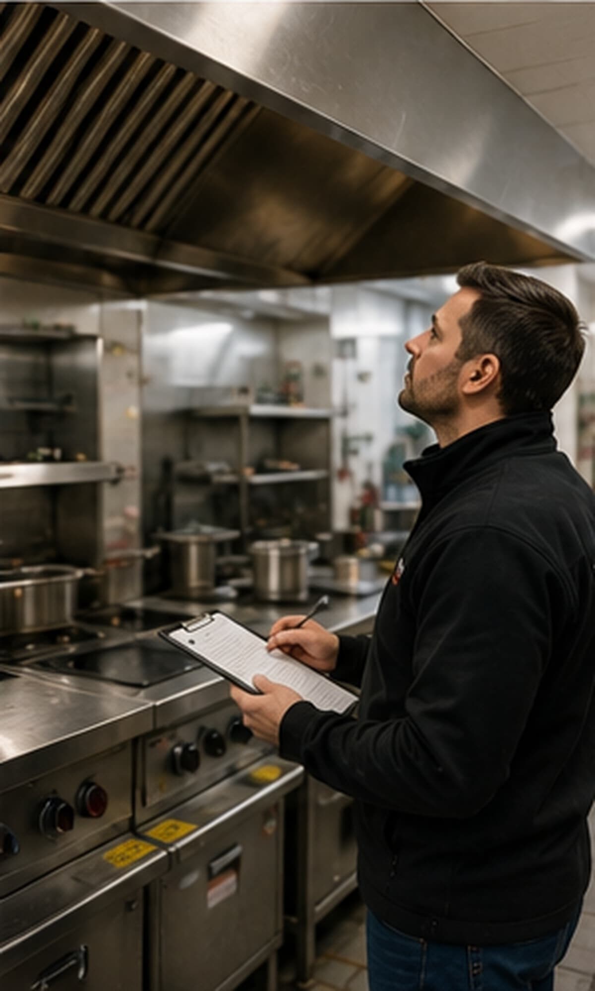 Consultant carrying out a fire safety check in a commercial kitchen