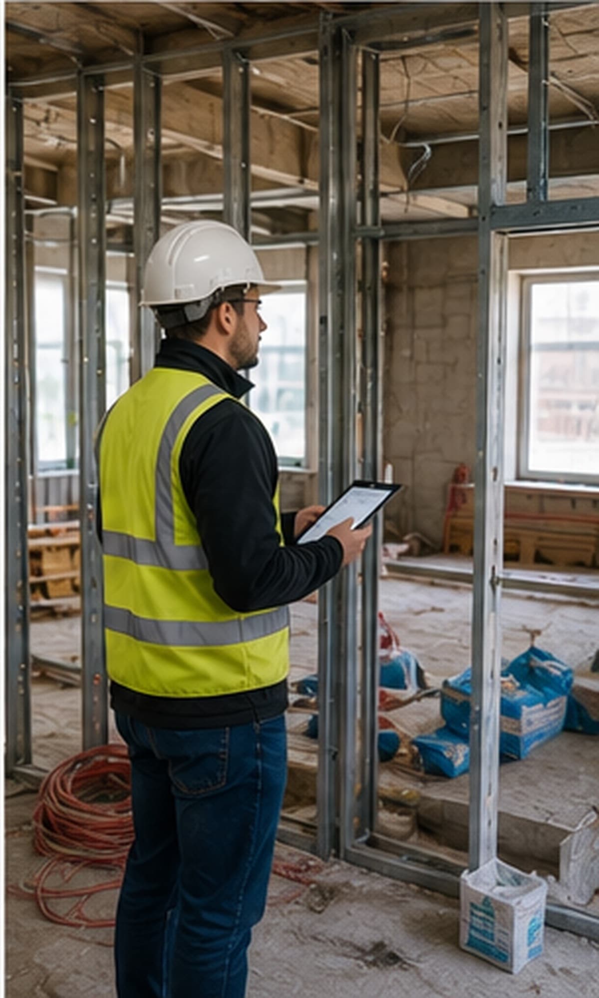 Fire safety consultant assessing a construction site for fire risks